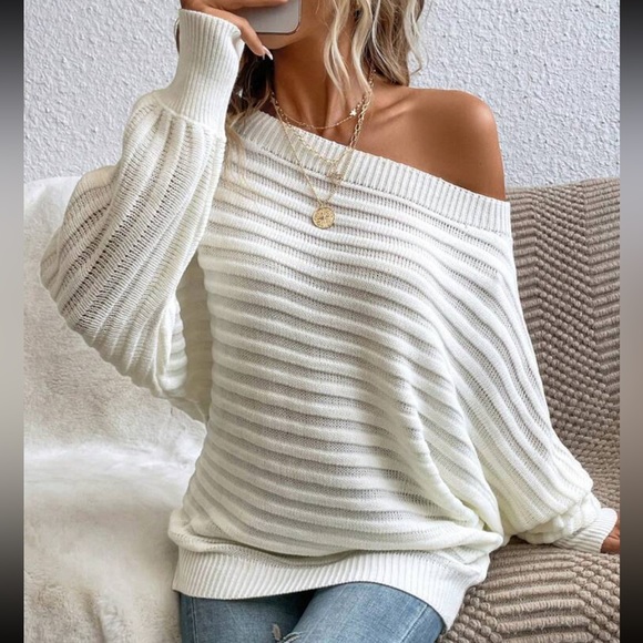 Boho cream off shoulder batwing sleeve sweater top - Picture 3 of 7